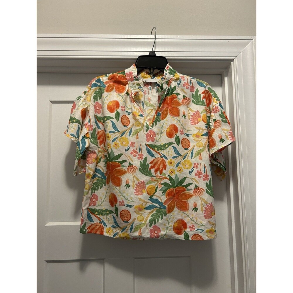 C & C California Womens Floral Linen Top Small Hawaiian Tropical Cruise Beach